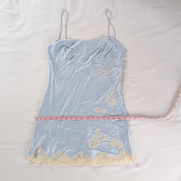 Y2k Soft Blue Cream Silk Lace Trim Chemise Slip Dress and Matching Robe - Picture 5 of 14